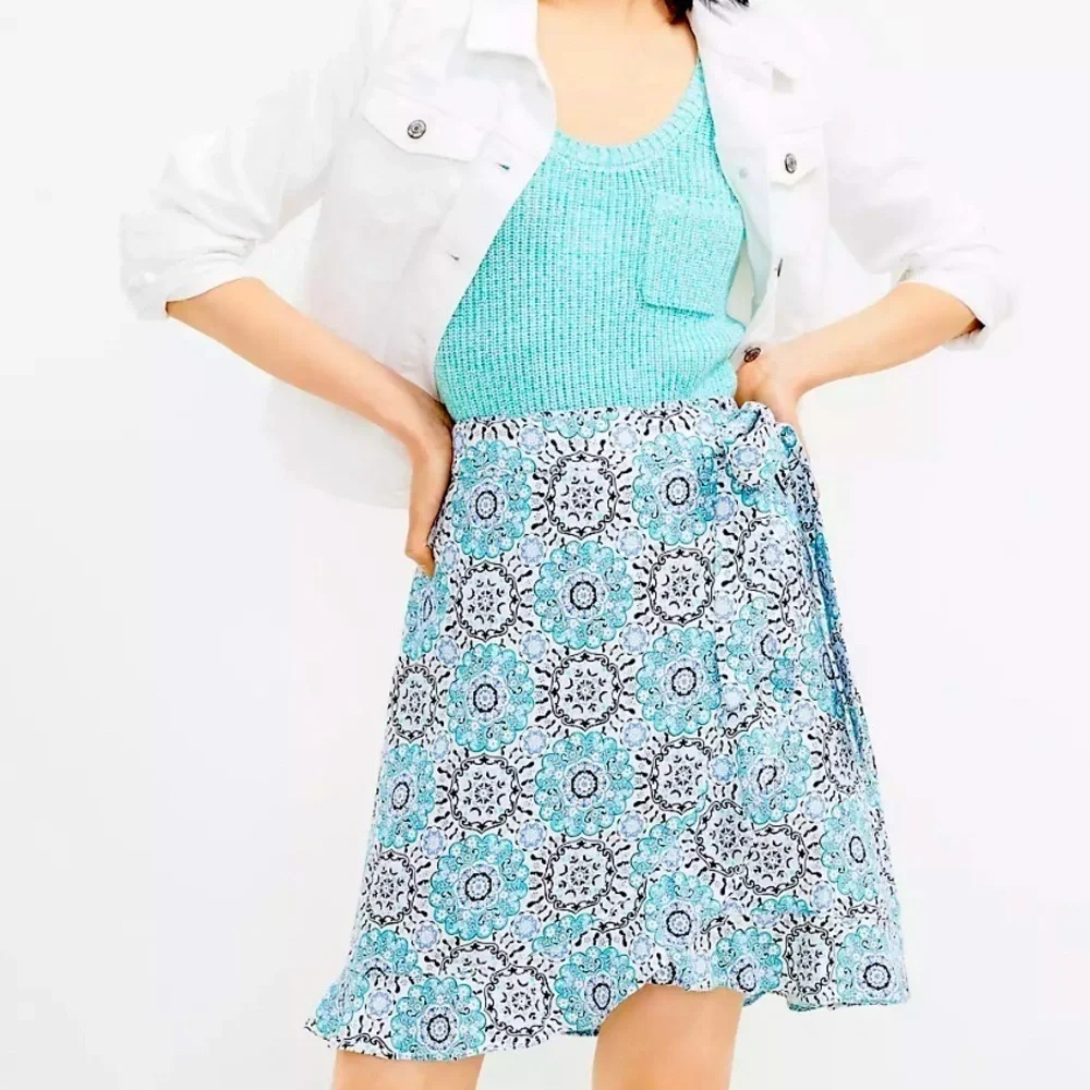 Loft Petite Medallion Ruffle Wrap Skirt Linen Blend Size 0